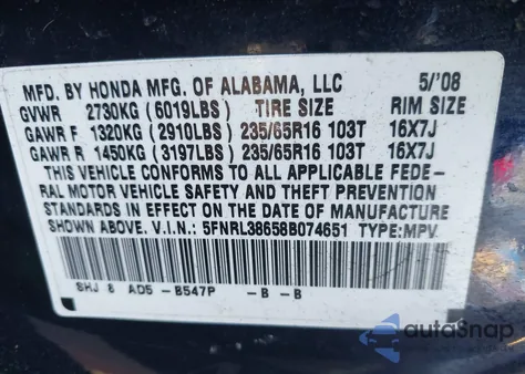 2008 Honda Odyssey Ex-L z USA, uszkodzony, nr VIN 5FNRL38658B074651